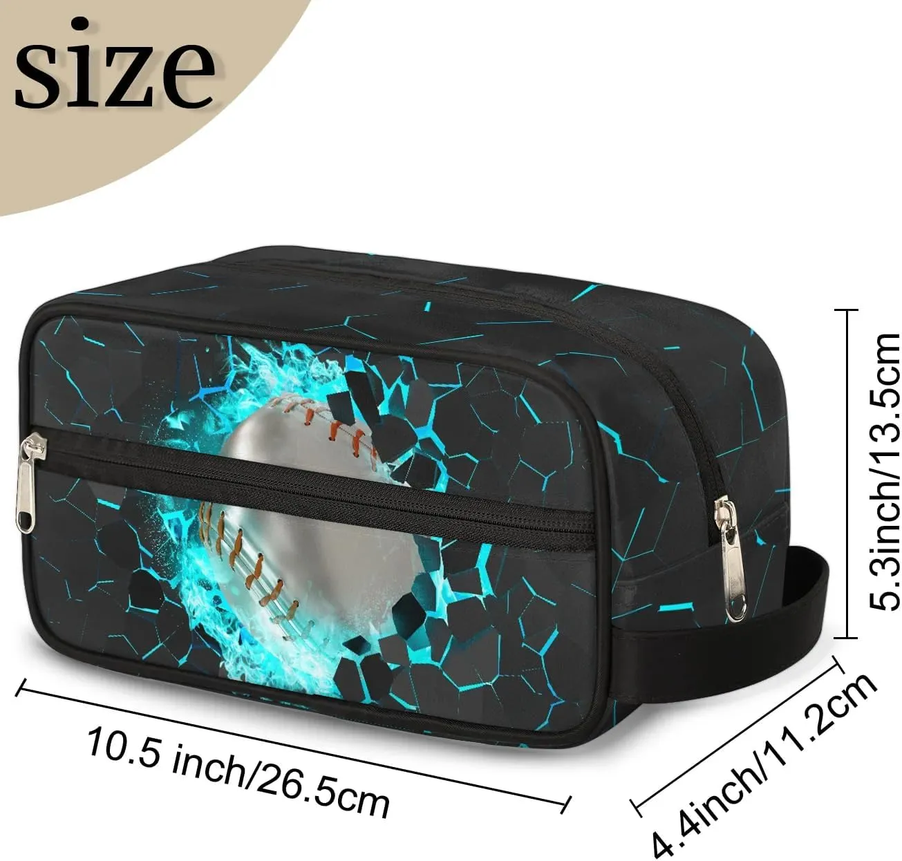 Kids Travel Toiletry Bag for Boys Teens, White 3D Baseball Waterproof Hanging Dopp Kit Wash Bag with Large Capacity for Travel, Sports, Shower