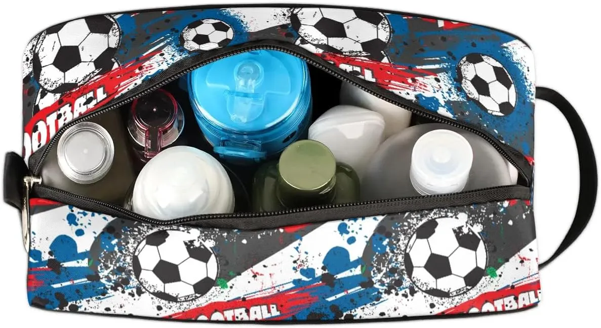 Kids Travel Toiletry Bag for Boys, Waterproof Hanging Dopp Kit Blue Soccer Ball Wash Bag with Large Capacity for Travel, Sports, Shower