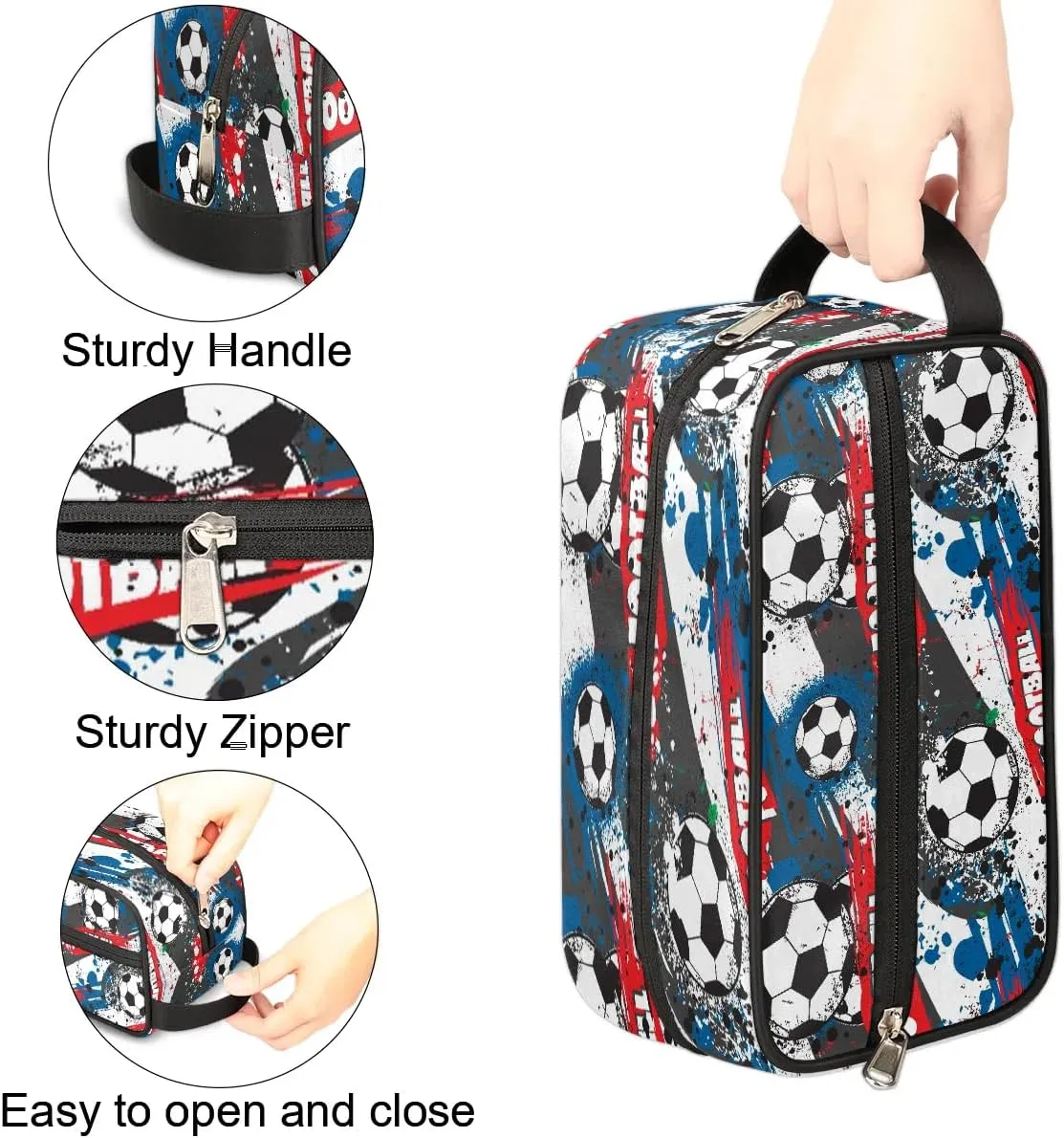 Kids Travel Toiletry Bag for Boys, Waterproof Hanging Dopp Kit Blue Soccer Ball Wash Bag with Large Capacity for Travel, Sports, Shower