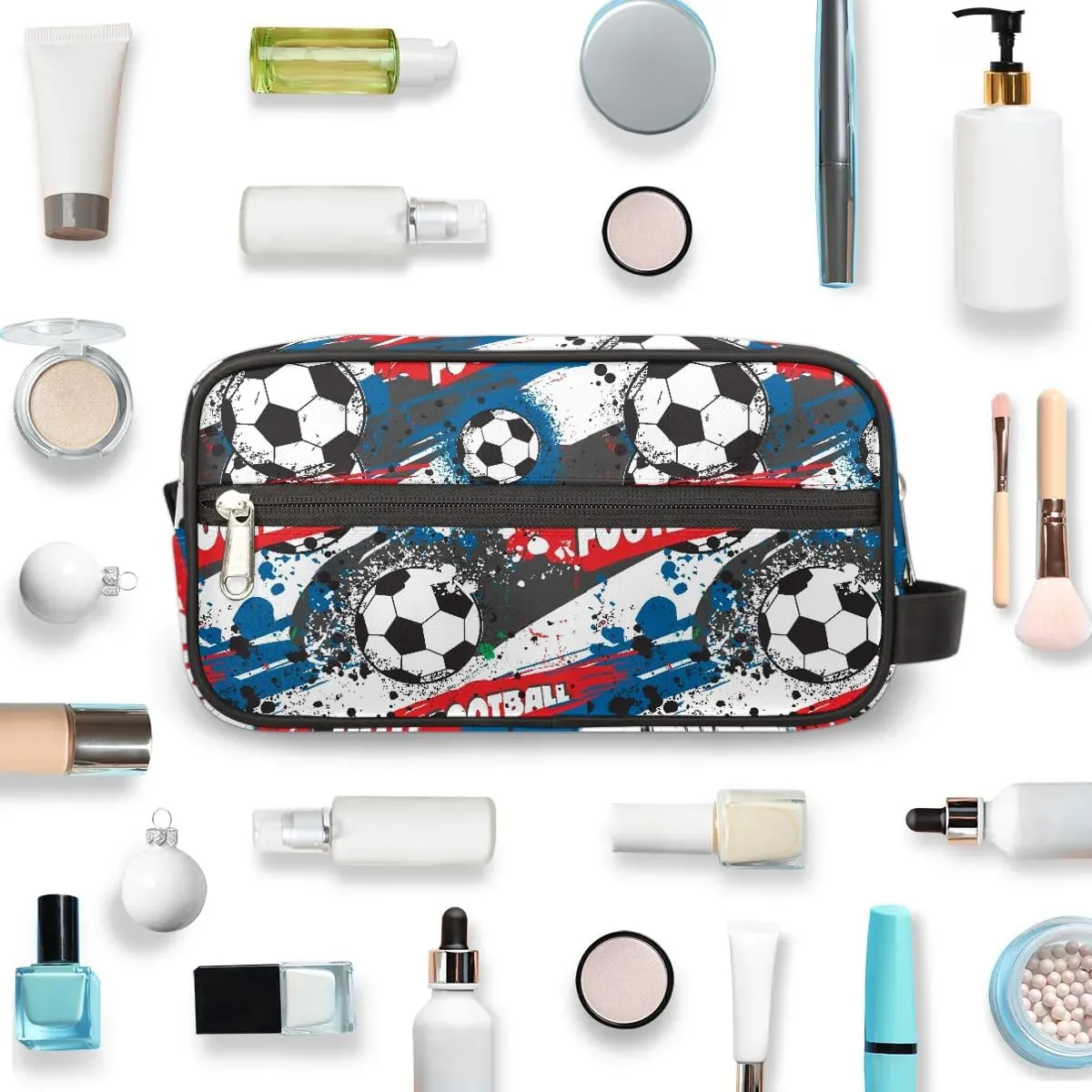 Kids Travel Toiletry Bag for Boys, Waterproof Hanging Dopp Kit Blue Soccer Ball Wash Bag with Large Capacity for Travel, Sports, Shower