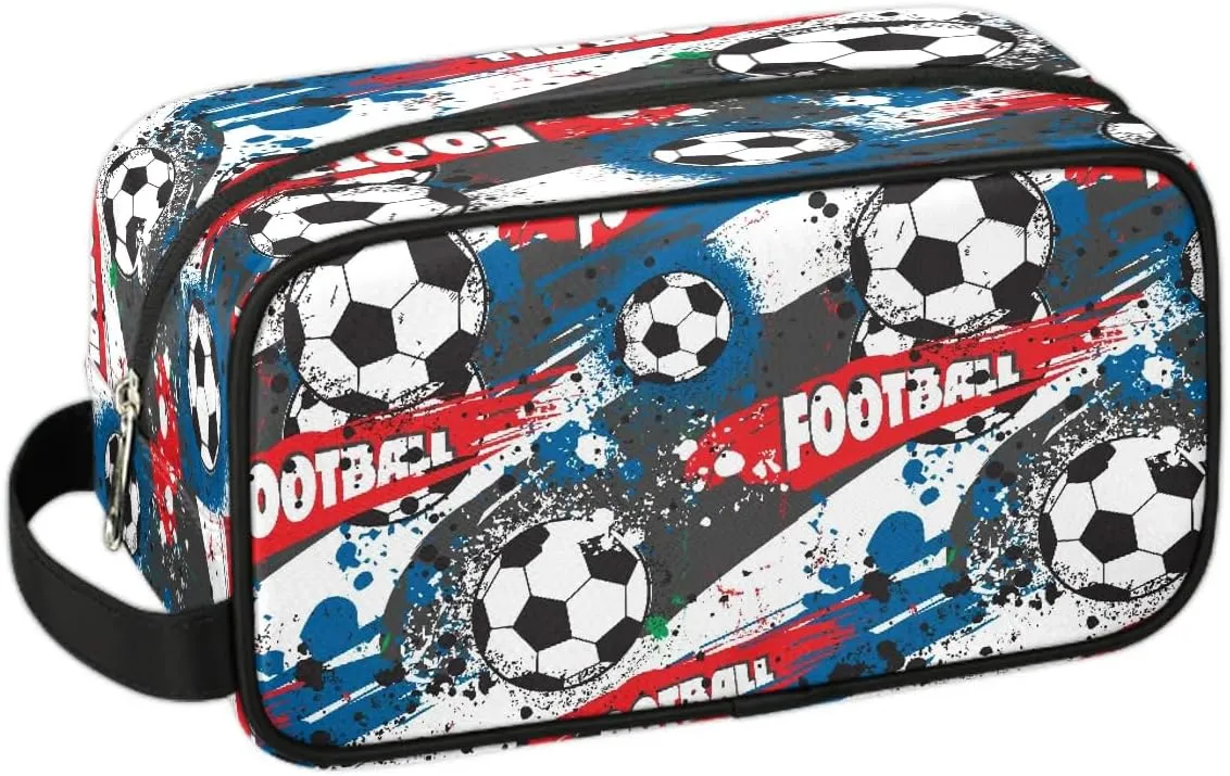 Kids Travel Toiletry Bag for Boys, Waterproof Hanging Dopp Kit Blue Soccer Ball Wash Bag with Large Capacity for Travel, Sports, Shower