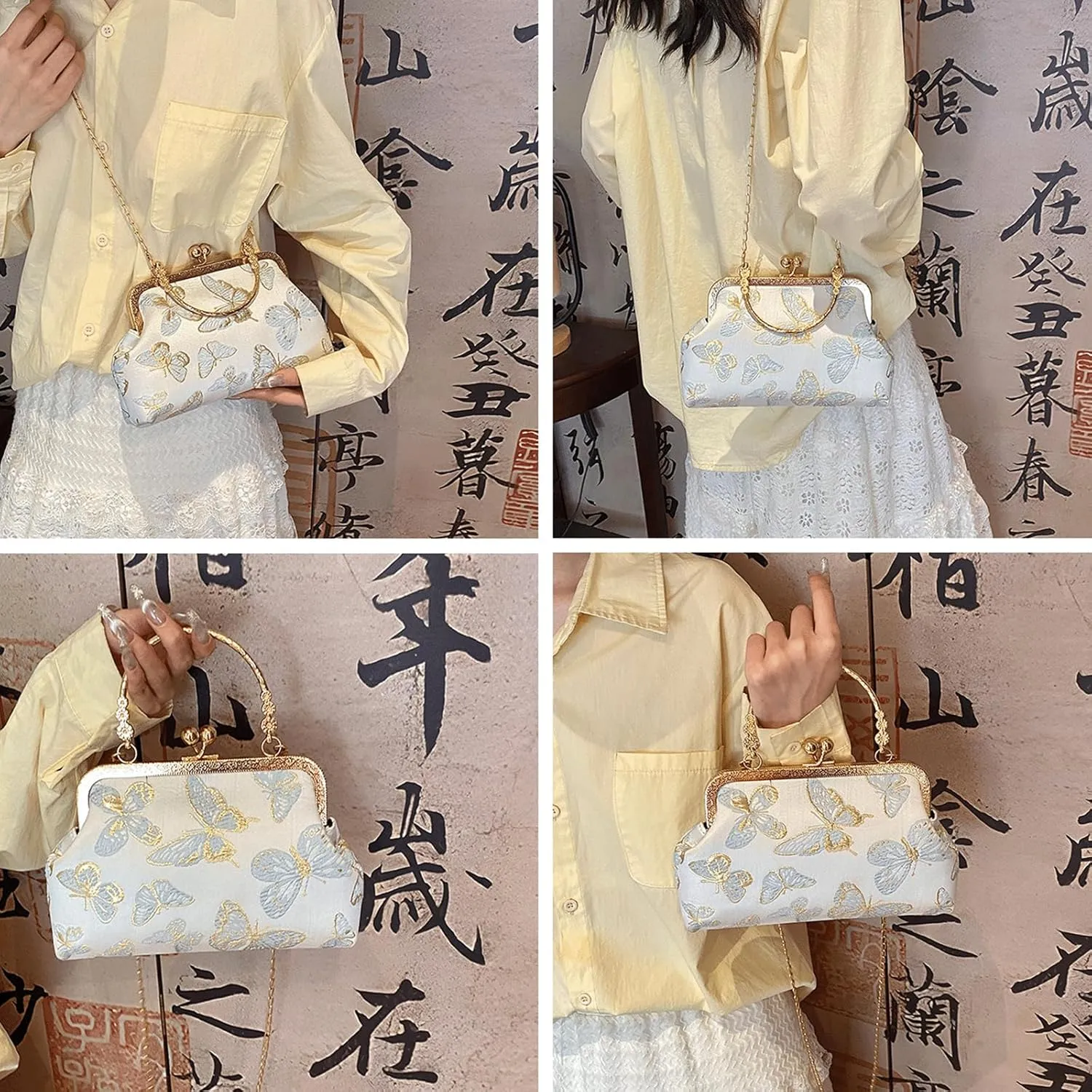 Kiss Lock Purse and Handbag for Women Floral Embroidered Crossbody Bag Kiss Clasp Handbags Medium Tote Shoulder Bags