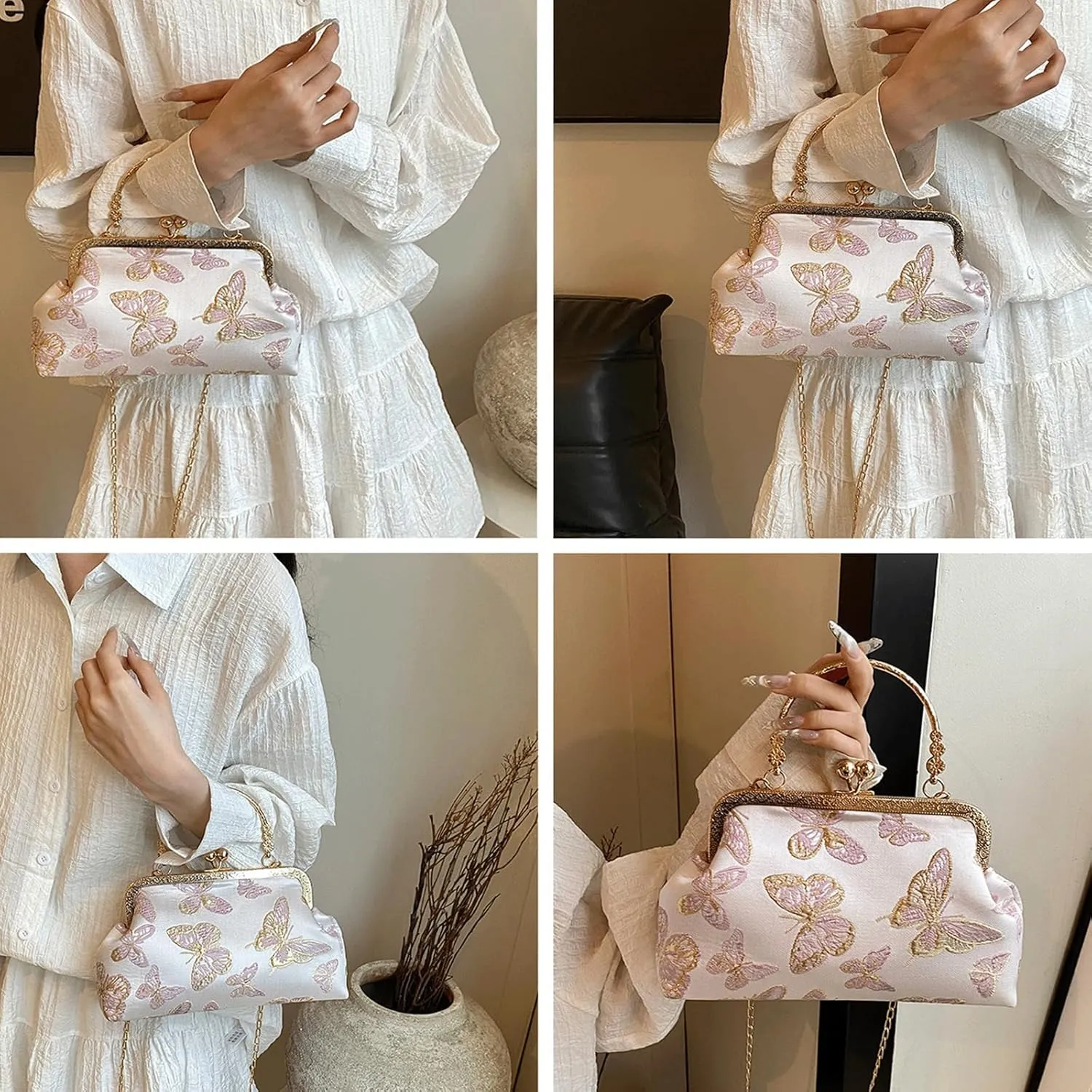 Kiss Lock Purse and Handbag for Women Floral Embroidered Crossbody Bag Kiss Clasp Handbags Medium Tote Shoulder Bags