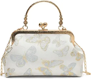Kiss Lock Purse and Handbag for Women Floral Embroidered Crossbody Bag Kiss Clasp Handbags Medium Tote Shoulder Bags
