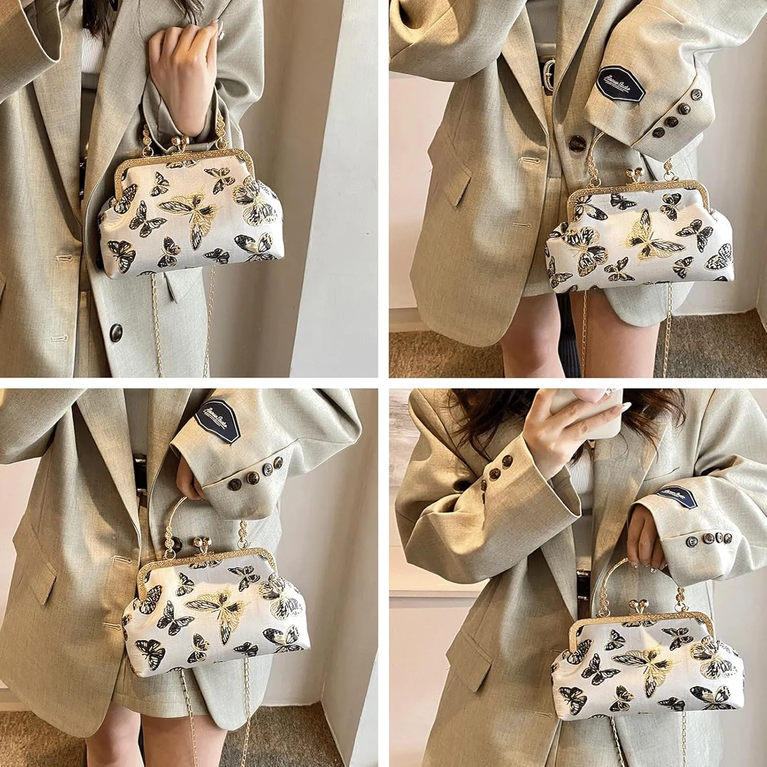 Kiss Lock Purse and Handbag for Women Floral Embroidered Crossbody Bag Kiss Clasp Handbags Medium Tote Shoulder Bags