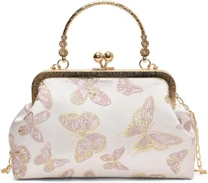 Kiss Lock Purse and Handbag for Women Floral Embroidered Crossbody Bag Kiss Clasp Handbags Medium Tote Shoulder Bags