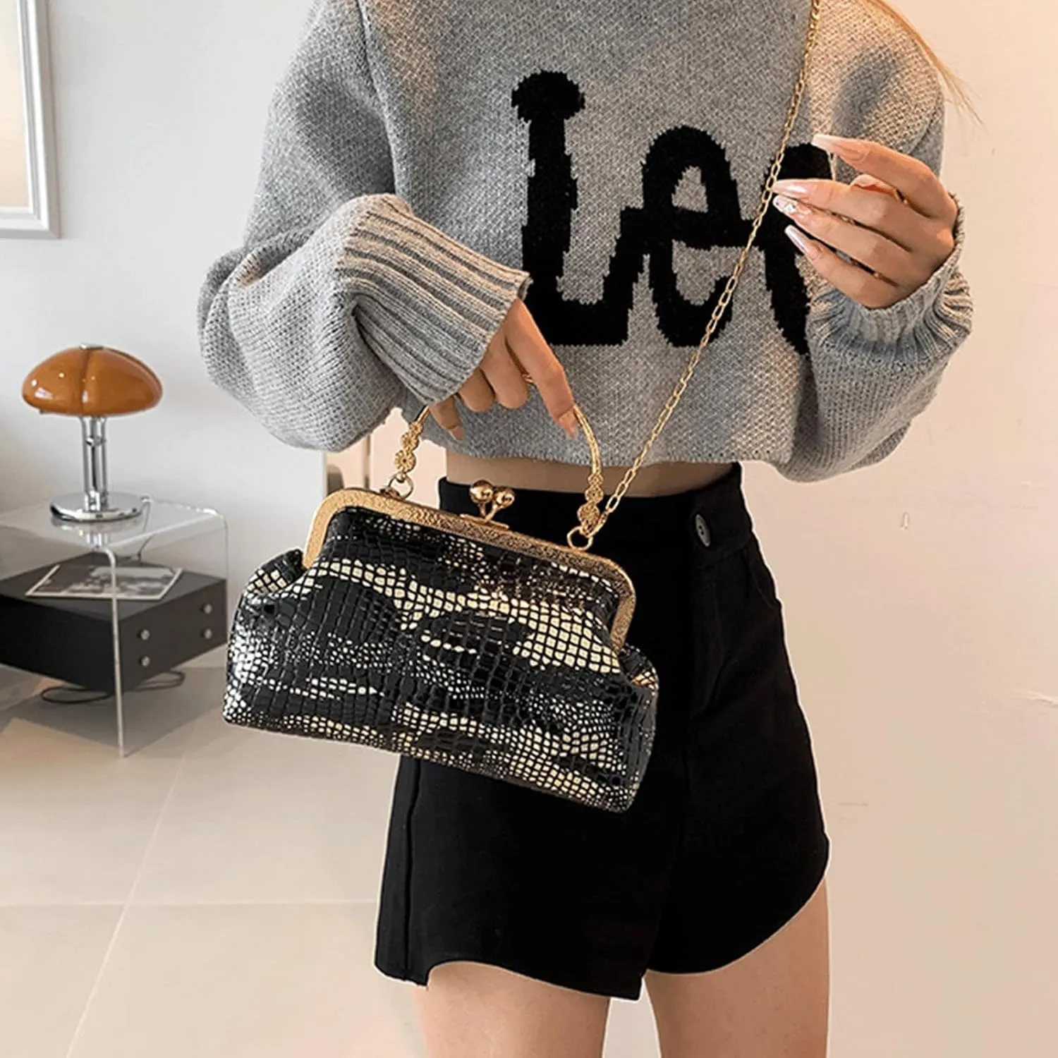 Kiss Lock Purse and Handbag for Women Glitter PU Crossbody Bag Medium Handbags Trendy Kiss Clasp Tote Shoulder Bags