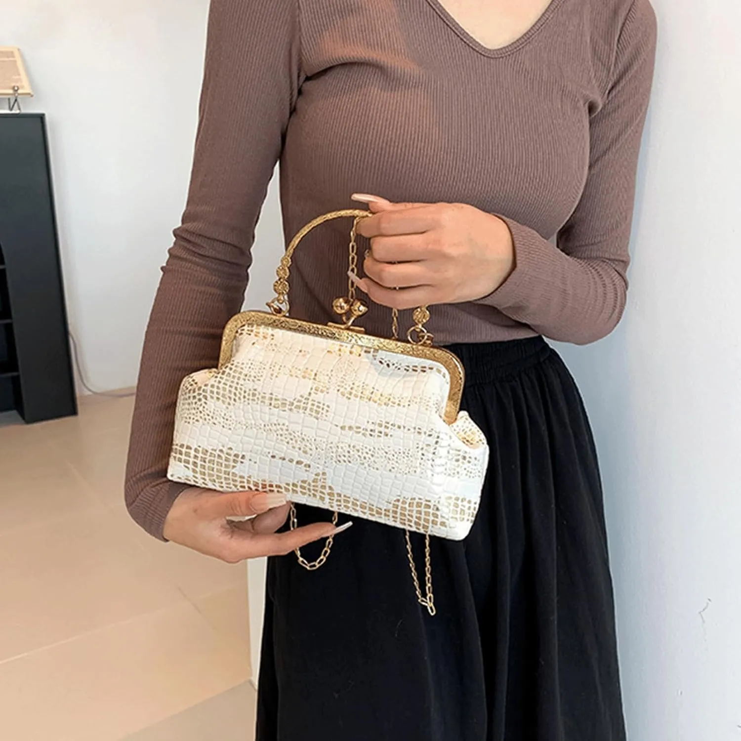 Kiss Lock Purse and Handbag for Women Glitter PU Crossbody Bag Medium Handbags Trendy Kiss Clasp Tote Shoulder Bags