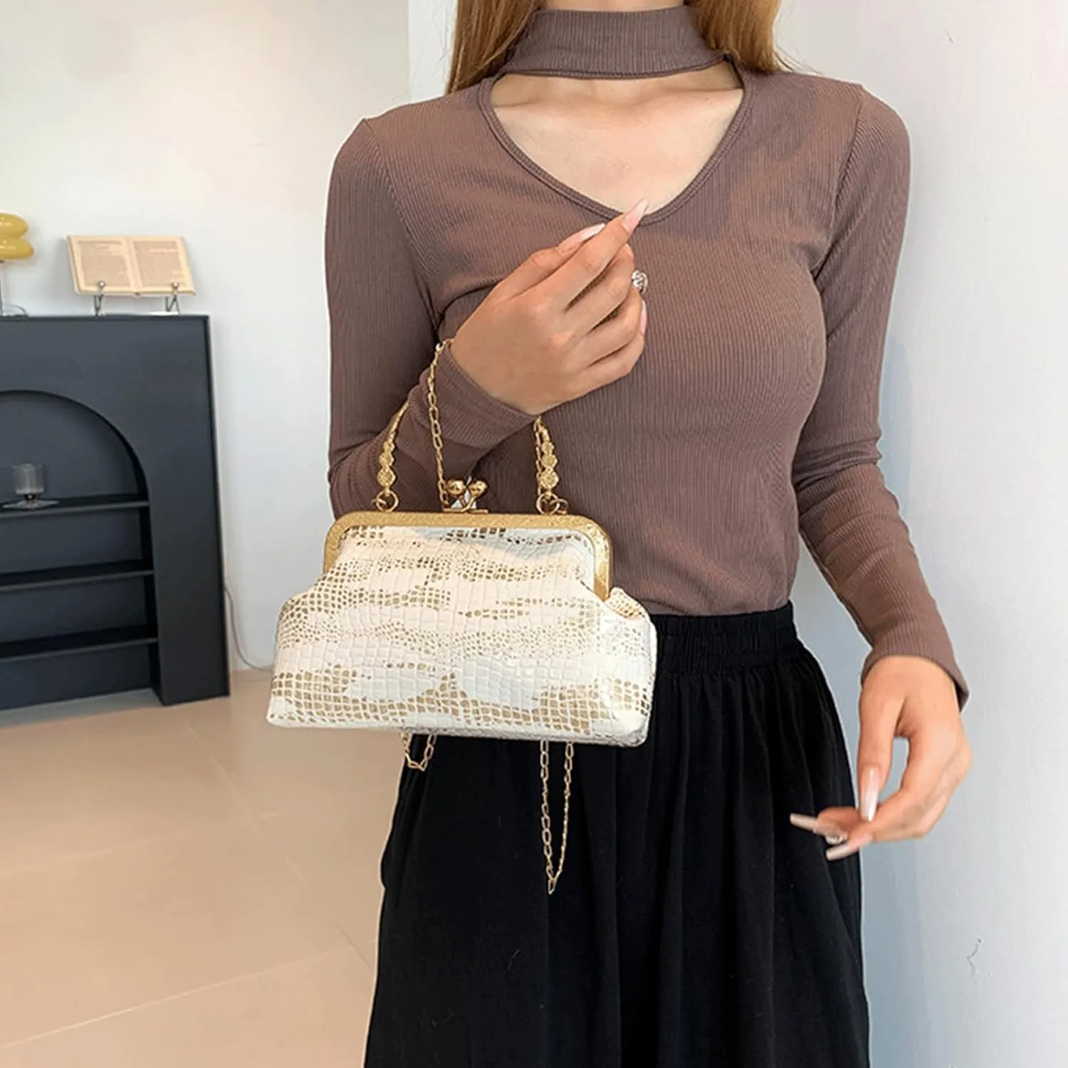 Kiss Lock Purse and Handbag for Women Glitter PU Crossbody Bag Medium Handbags Trendy Kiss Clasp Tote Shoulder Bags
