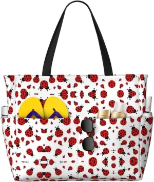 Ladybug Print Large Capacity Beach Travel Bag Spacious And Durable Tote For Beach, Travel, And More!
