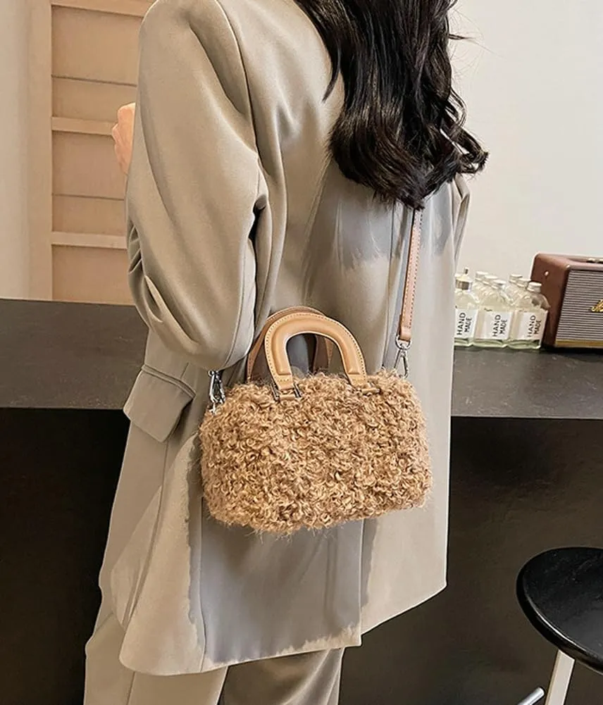 Lamb Wool Crossbody Handbags for Women Fuzzy Purses for Women Vintage Boston Bag Satchel Purse Shoulder Bag Hobo Bag