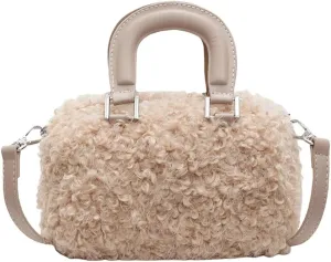 Lamb Wool Crossbody Handbags for Women Fuzzy Purses for Women Vintage Boston Bag Satchel Purse Shoulder Bag Hobo Bag