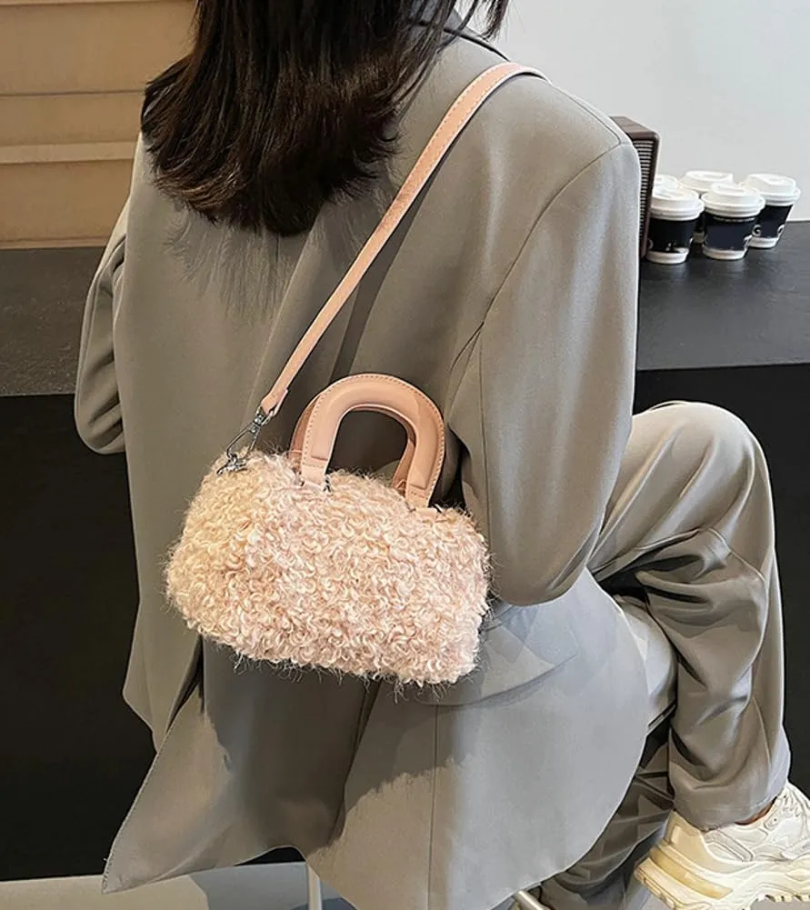 Lamb Wool Crossbody Handbags for Women Fuzzy Purses for Women Vintage Boston Bag Satchel Purse Shoulder Bag Hobo Bag