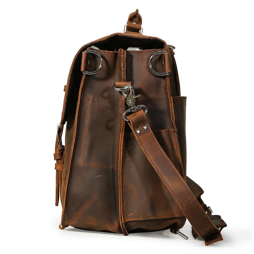 Large Capacity Outdoor Male Leather Shoulder bag Brown Messenger Briefcase Convertible Multi Functional Travel Rucksack