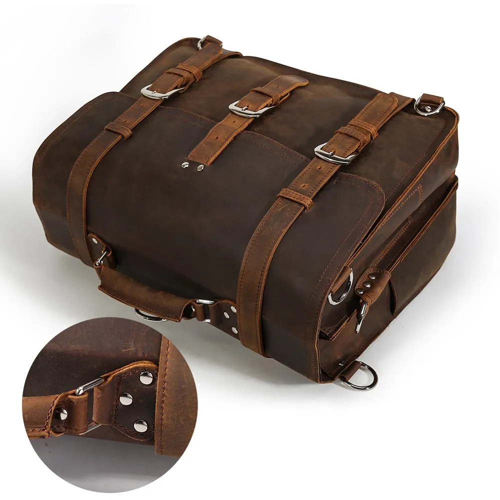 Large Capacity Outdoor Male Leather Shoulder bag Brown Messenger Briefcase Convertible Multi Functional Travel Rucksack