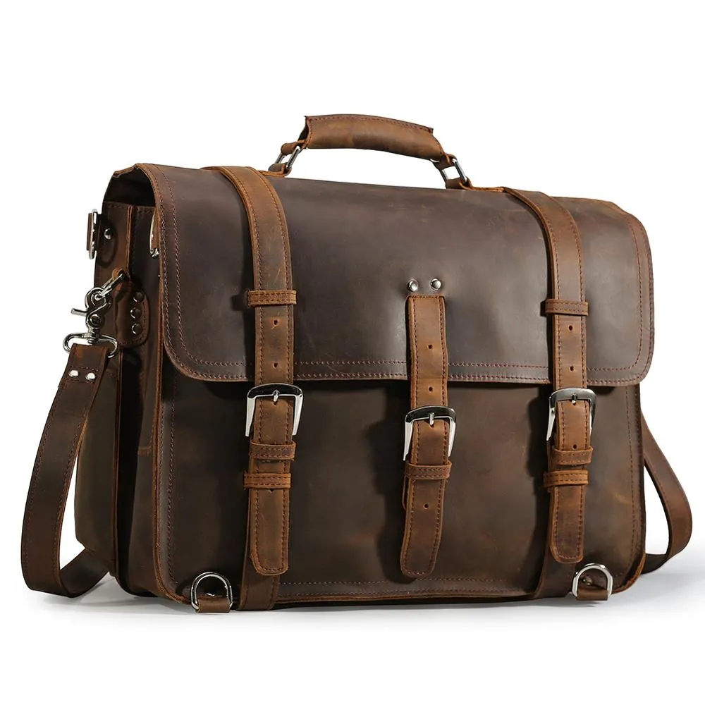 Large Capacity Outdoor Male Leather Shoulder bag Brown Messenger Briefcase Convertible Multi Functional Travel Rucksack