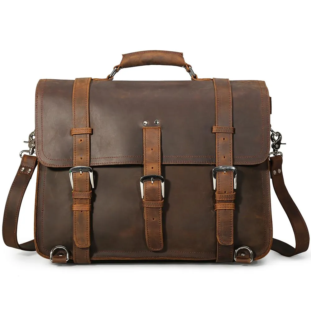 Large Capacity Outdoor Male Leather Shoulder bag Brown Messenger Briefcase Convertible Multi Functional Travel Rucksack