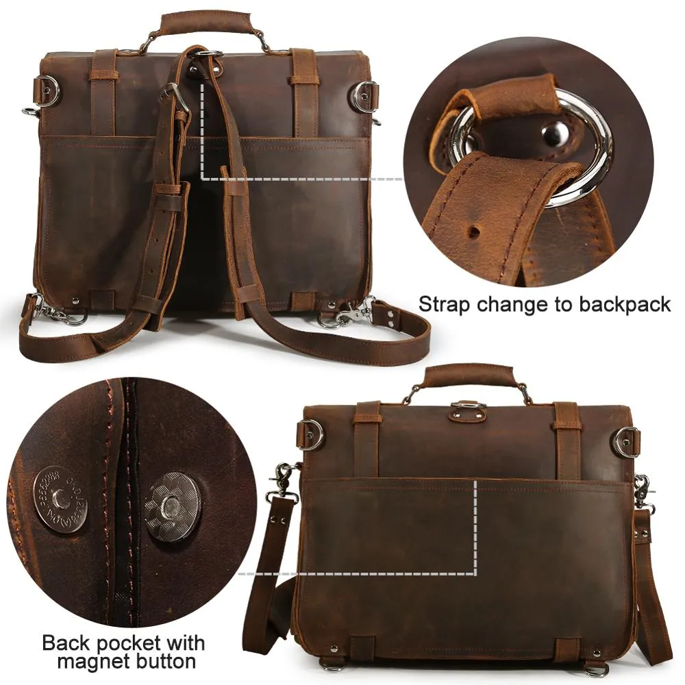 Large Capacity Outdoor Male Leather Shoulder bag Brown Messenger Briefcase Convertible Multi Functional Travel Rucksack
