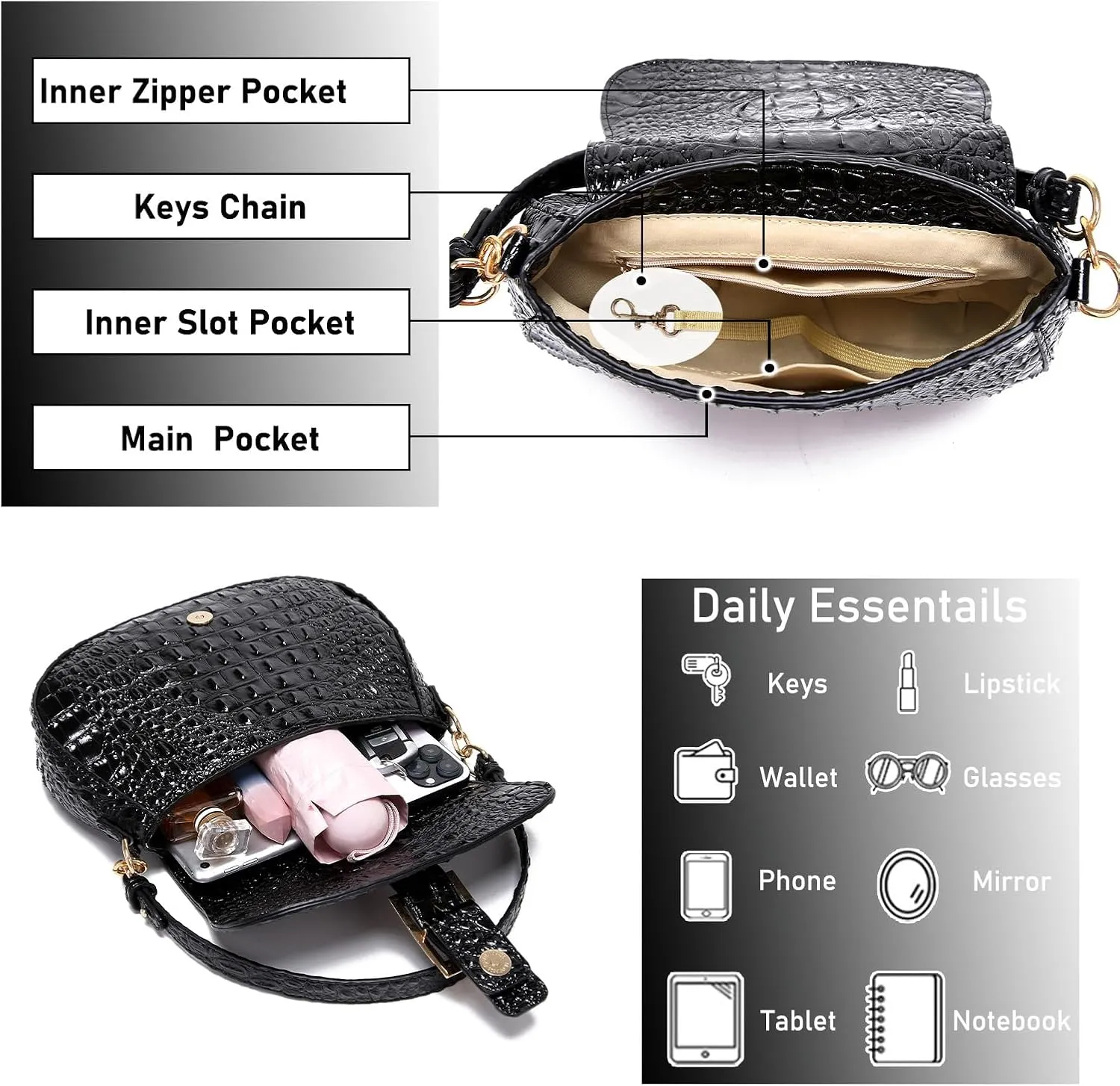 Leather Bags for Women Luxury Handbag Flap Purse Crocodile Pattern Crossbody Ladies Gradient Color Shoulder Bag