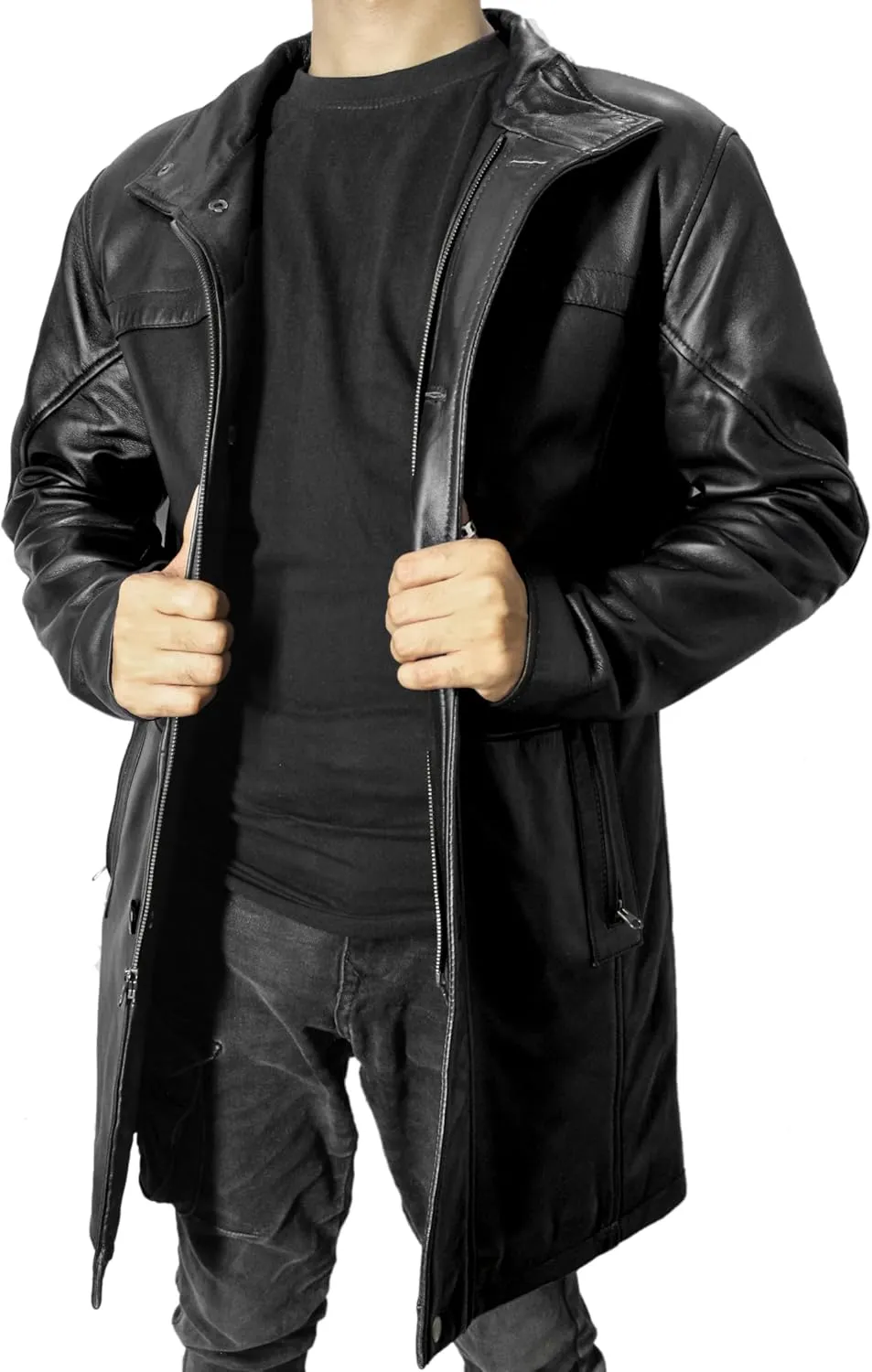 Leather Car Coat For Men 3/4 Length Mens Leather Trench Coat - Real Lambskin Long Leather Jacket For Men