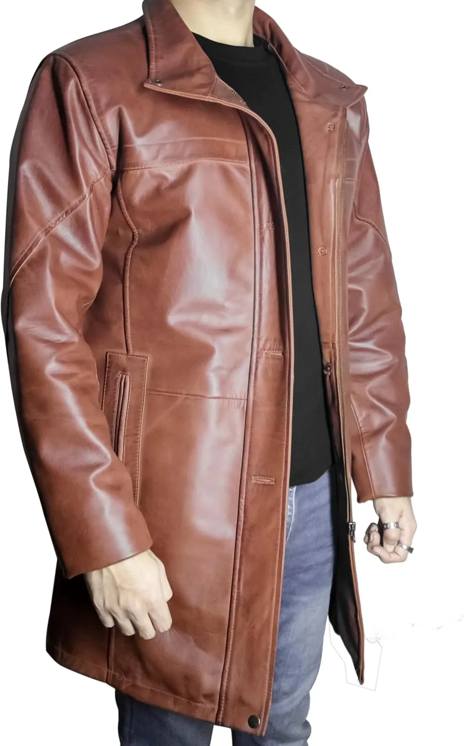 Leather Car Coat For Men 3/4 Length Mens Leather Trench Coat - Real Lambskin Long Leather Jacket For Men