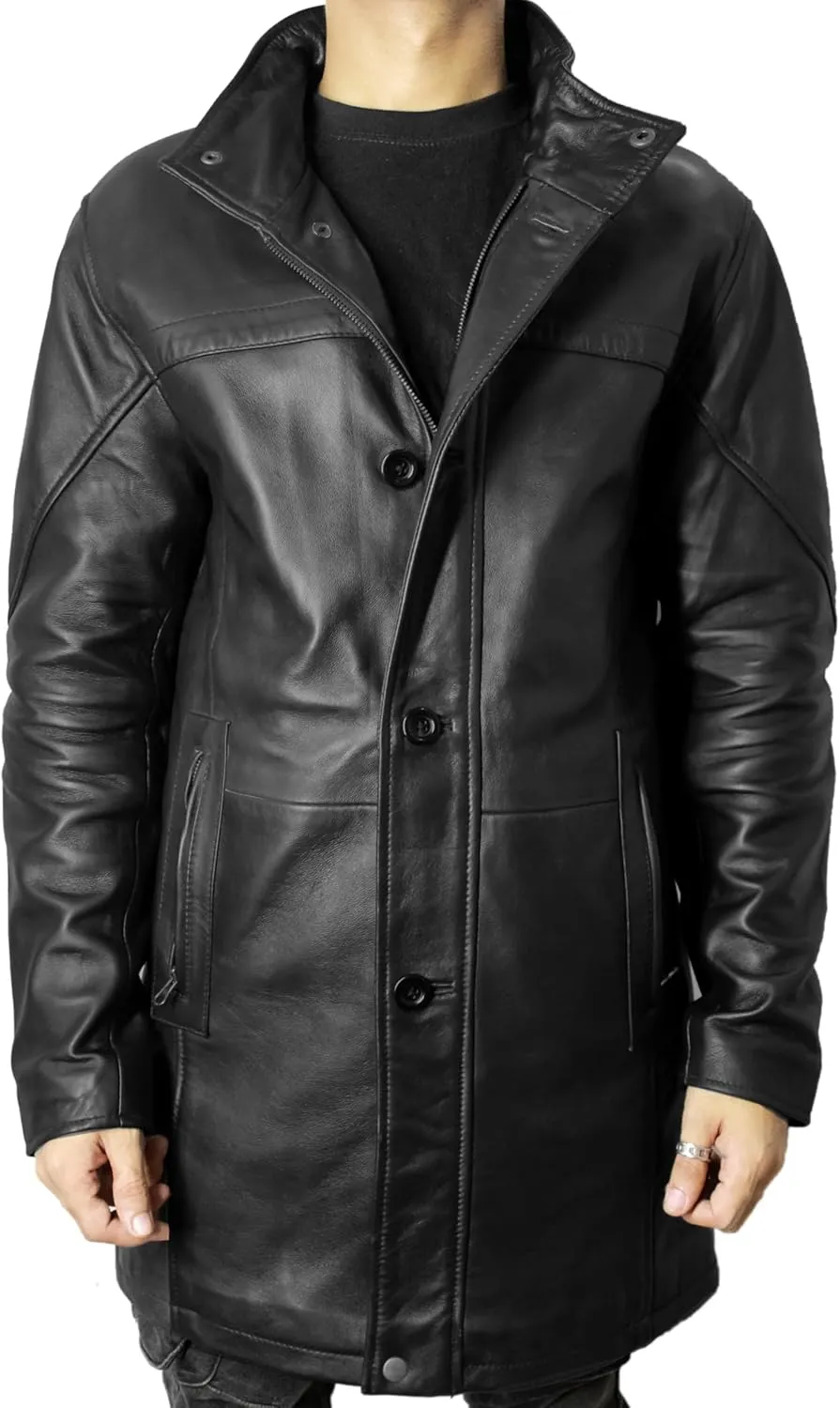 Leather Car Coat For Men 3/4 Length Mens Leather Trench Coat - Real Lambskin Long Leather Jacket For Men