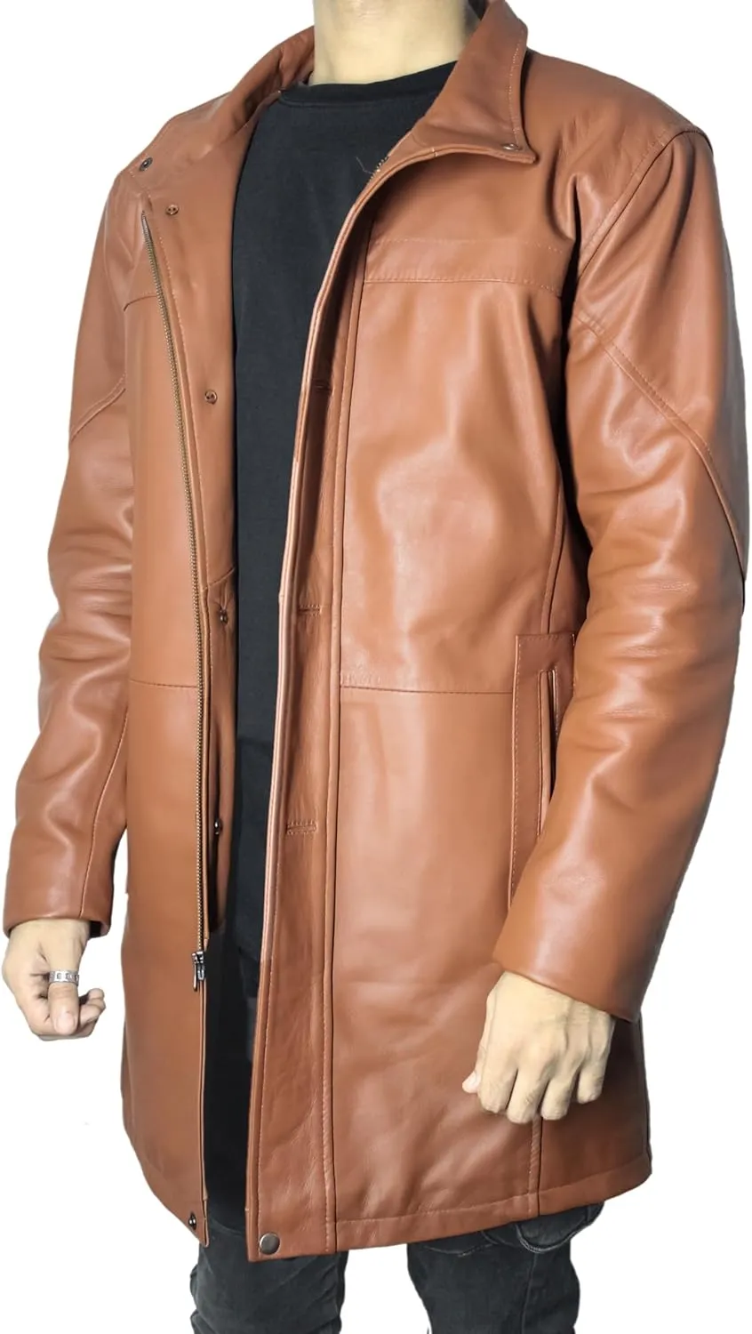 Leather Car Coat For Men 3/4 Length Mens Leather Trench Coat - Real Lambskin Long Leather Jacket For Men