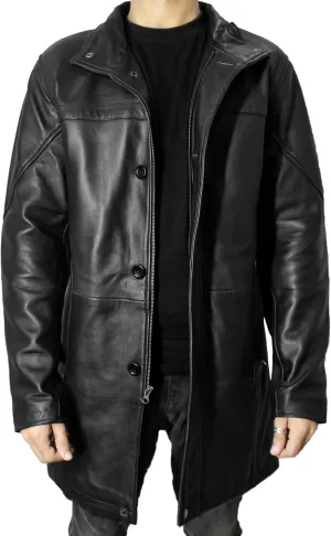 Leather Car Coat For Men 3/4 Length Mens Leather Trench Coat - Real Lambskin Long Leather Jacket For Men