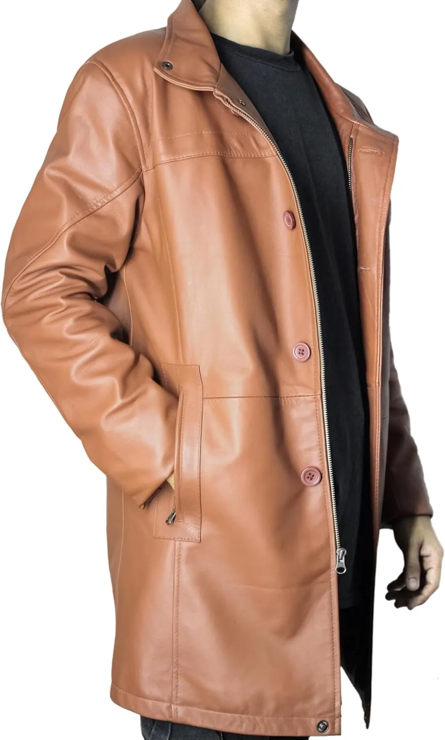 Leather Car Coat For Men 3/4 Length Mens Leather Trench Coat - Real Lambskin Long Leather Jacket For Men