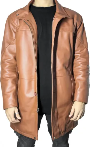 Leather Car Coat For Men 3/4 Length Mens Leather Trench Coat - Real Lambskin Long Leather Jacket For Men