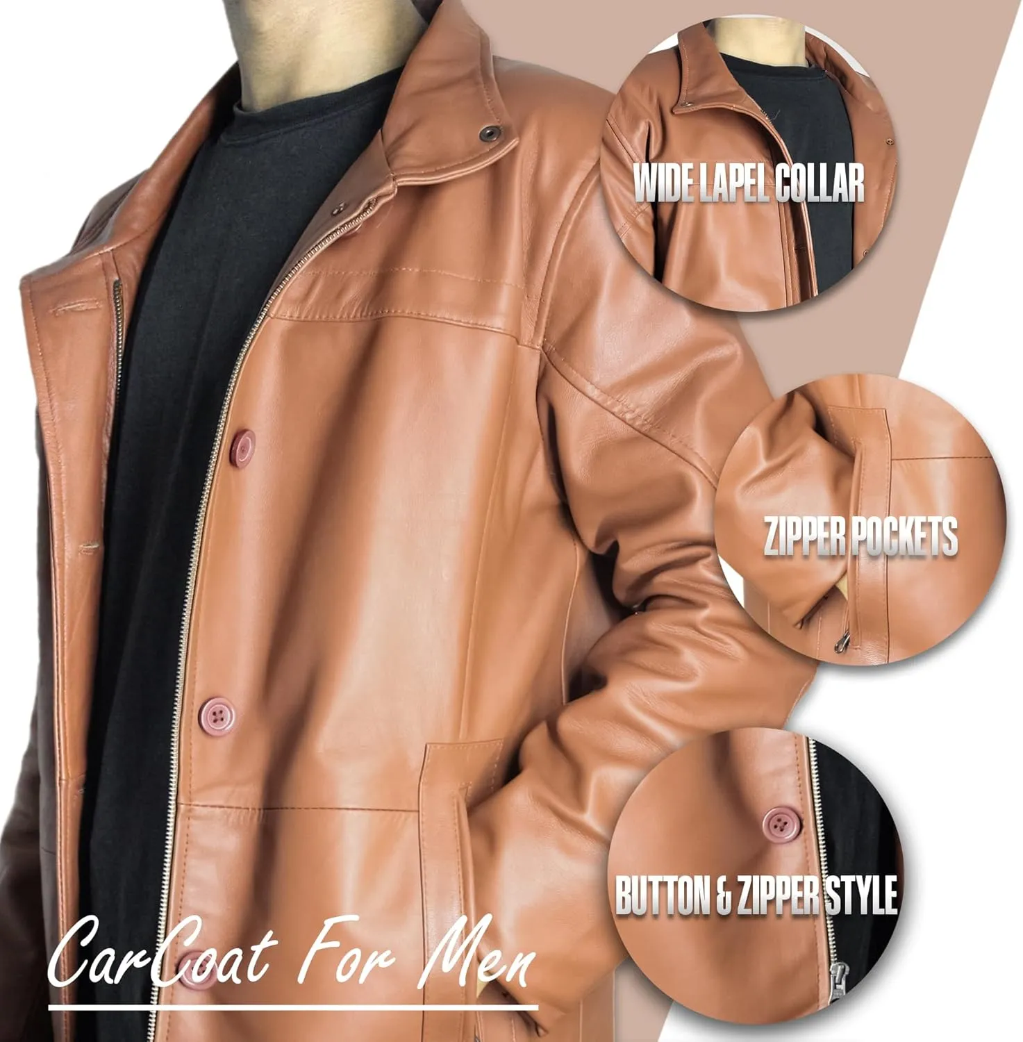 Leather Car Coat For Men 3/4 Length Mens Leather Trench Coat - Real Lambskin Long Leather Jacket For Men