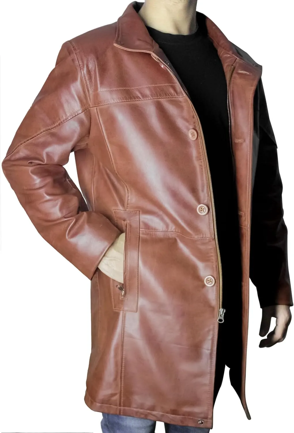Leather Car Coat For Men 3/4 Length Mens Leather Trench Coat - Real Lambskin Long Leather Jacket For Men