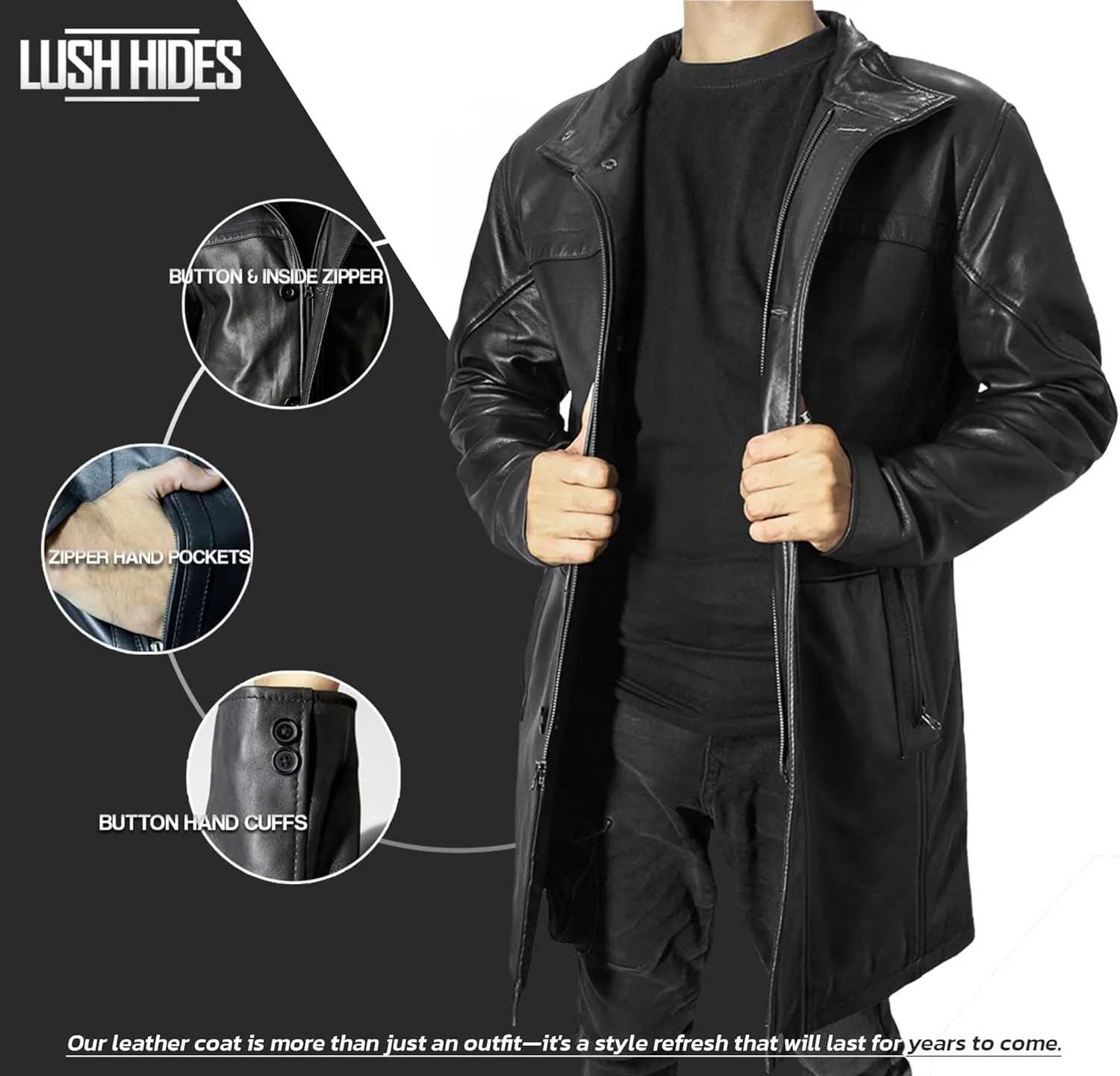 Leather Car Coat For Men 3/4 Length Mens Leather Trench Coat - Real Lambskin Long Leather Jacket For Men