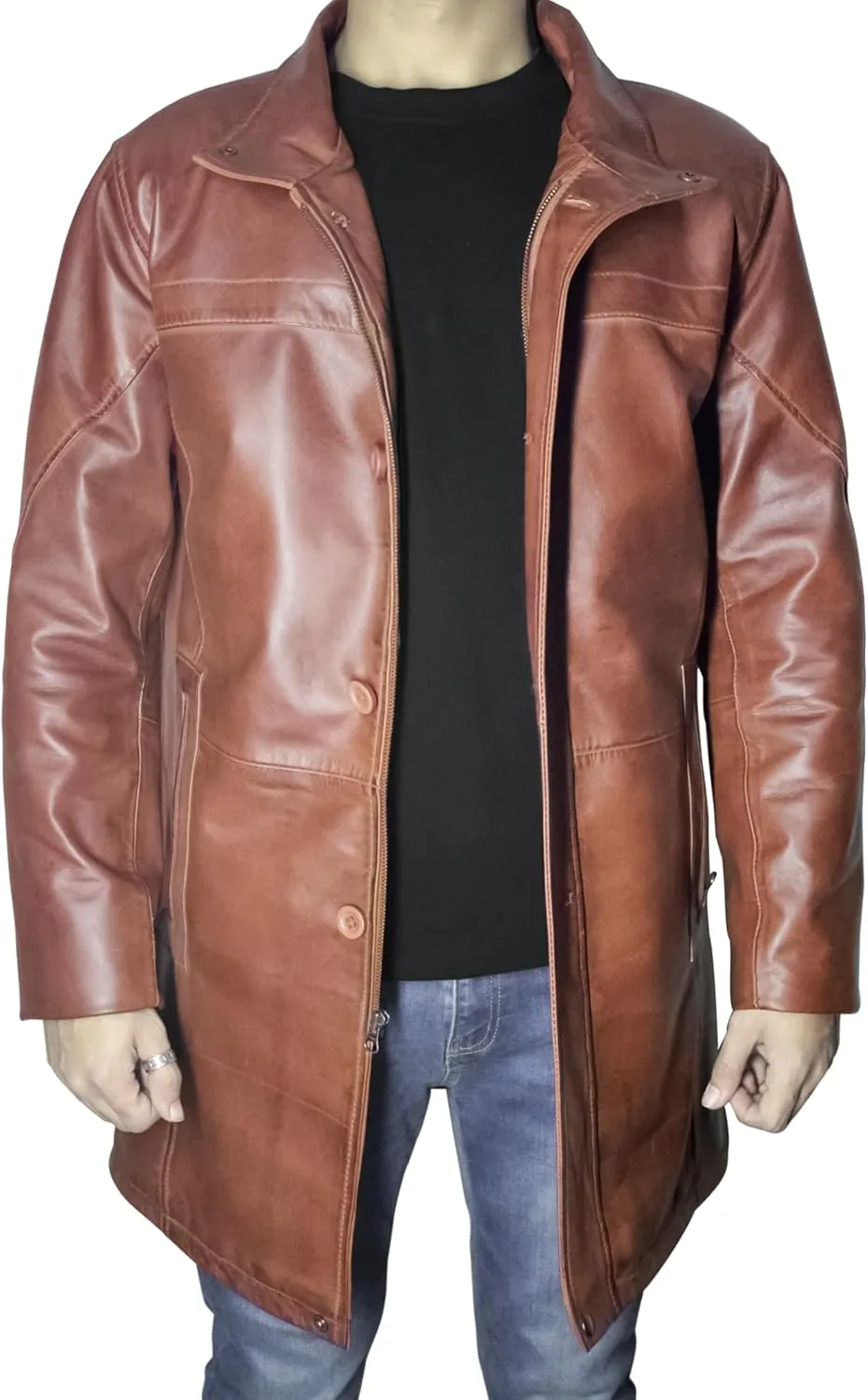 Leather Car Coat For Men 3/4 Length Mens Leather Trench Coat - Real Lambskin Long Leather Jacket For Men