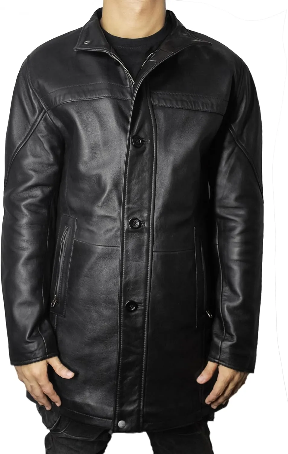 Leather Car Coat For Men 3/4 Length Mens Leather Trench Coat - Real Lambskin Long Leather Jacket For Men