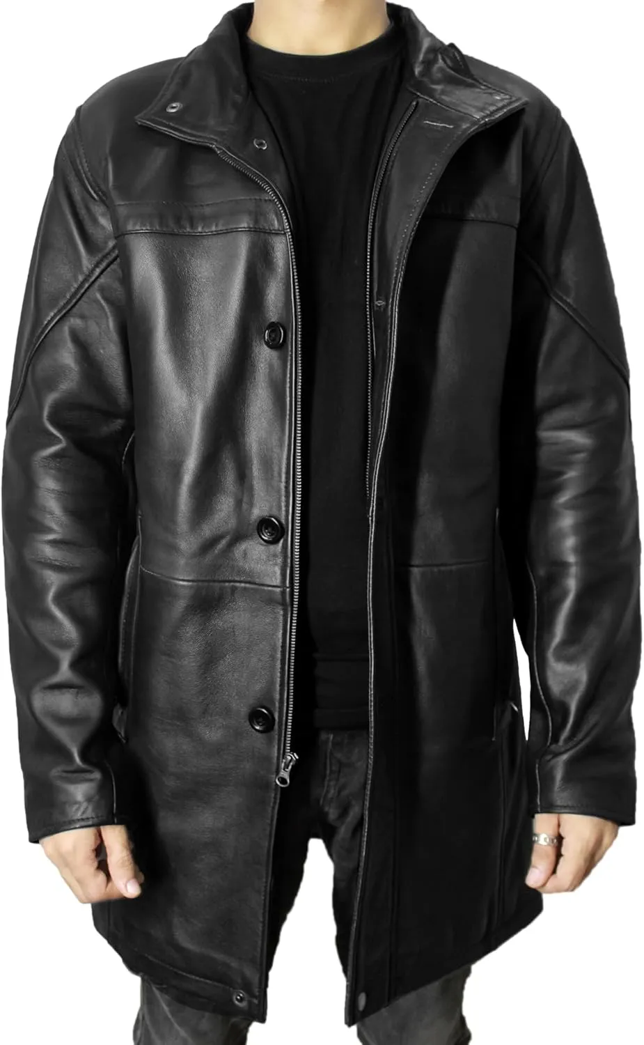 Leather Car Coat For Men 3/4 Length Mens Leather Trench Coat - Real Lambskin Long Leather Jacket For Men