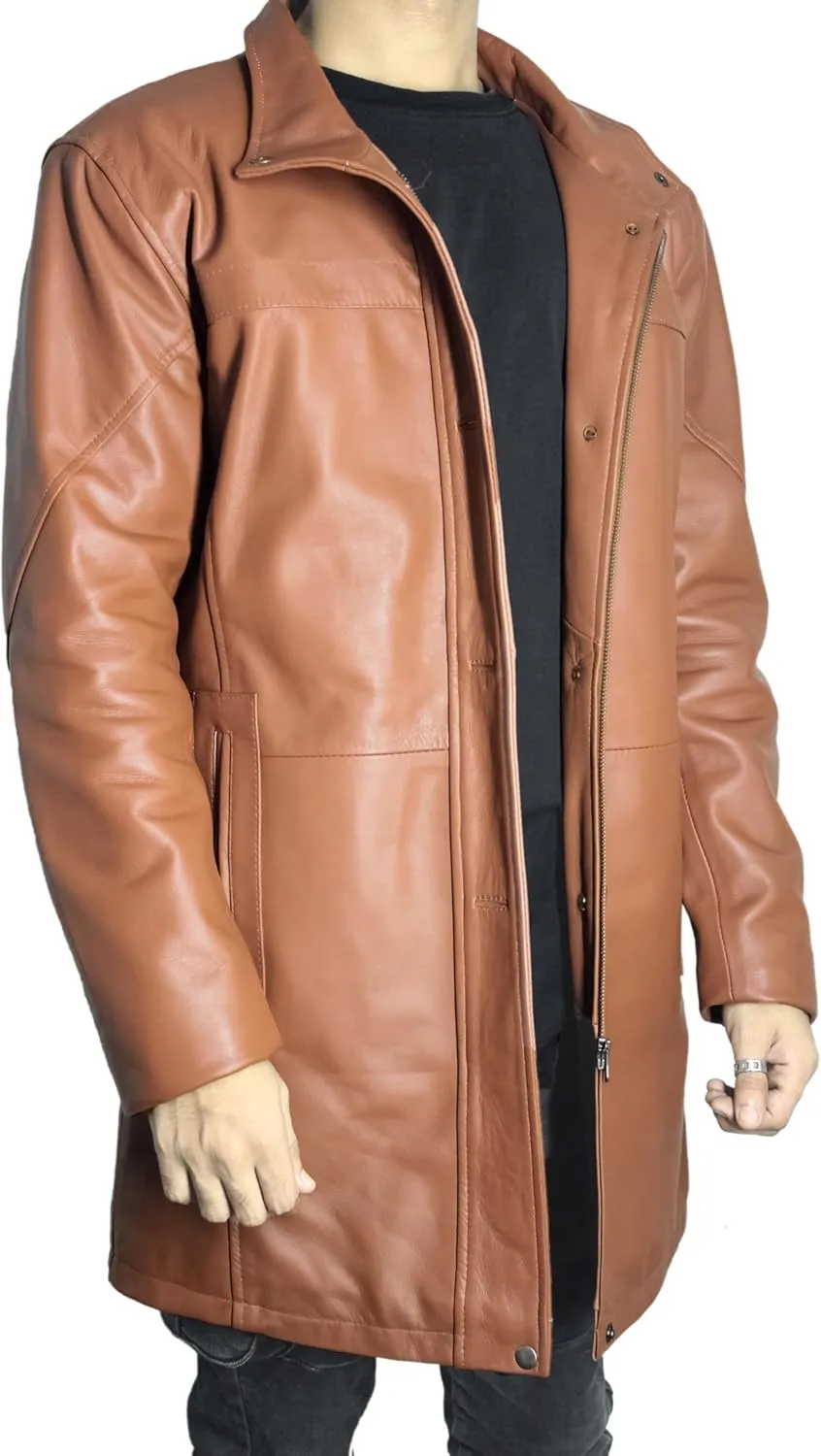 Leather Car Coat For Men 3/4 Length Mens Leather Trench Coat - Real Lambskin Long Leather Jacket For Men