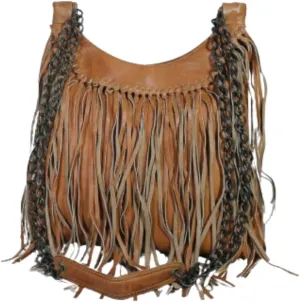 Leather Fringe Hobo Bag, Brown with Chain Detail, Bohemian Crossbody Handbag