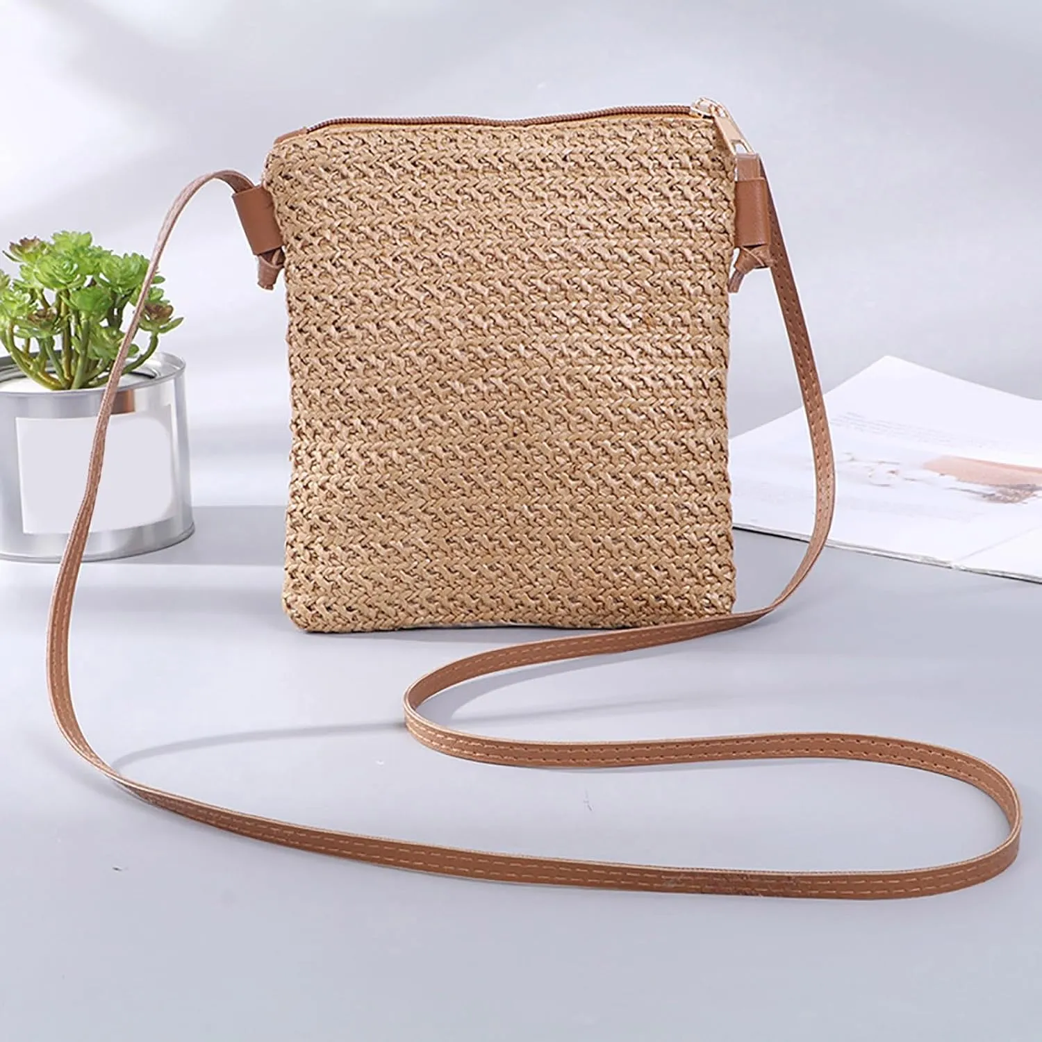 Leather Handbags Women Straw Shoulder Bags Hand Woven Crossbody Beach Small Bag