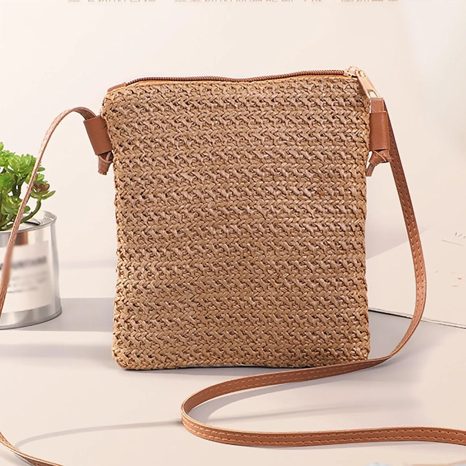 Leather Handbags Women Straw Shoulder Bags Hand Woven Crossbody Beach Small Bag