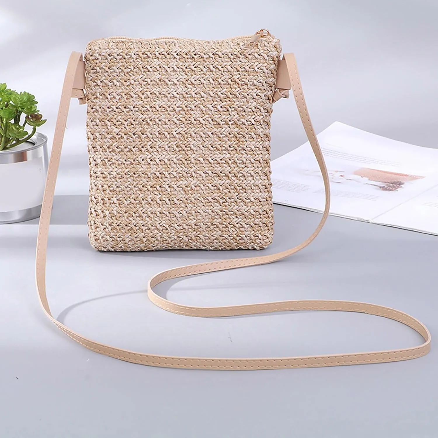 Leather Handbags Women Straw Shoulder Bags Hand Woven Crossbody Beach Small Bag