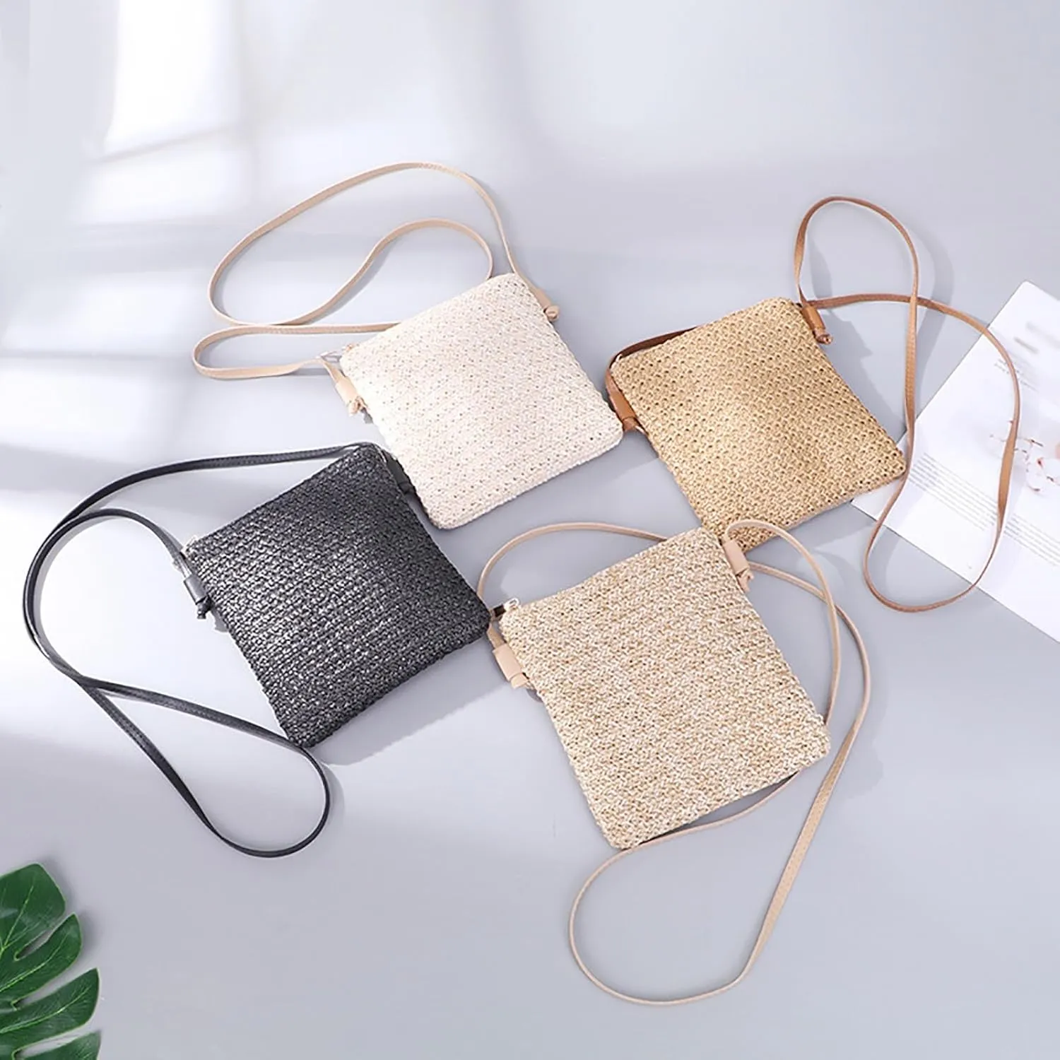 Leather Handbags Women Straw Shoulder Bags Hand Woven Crossbody Beach Small Bag