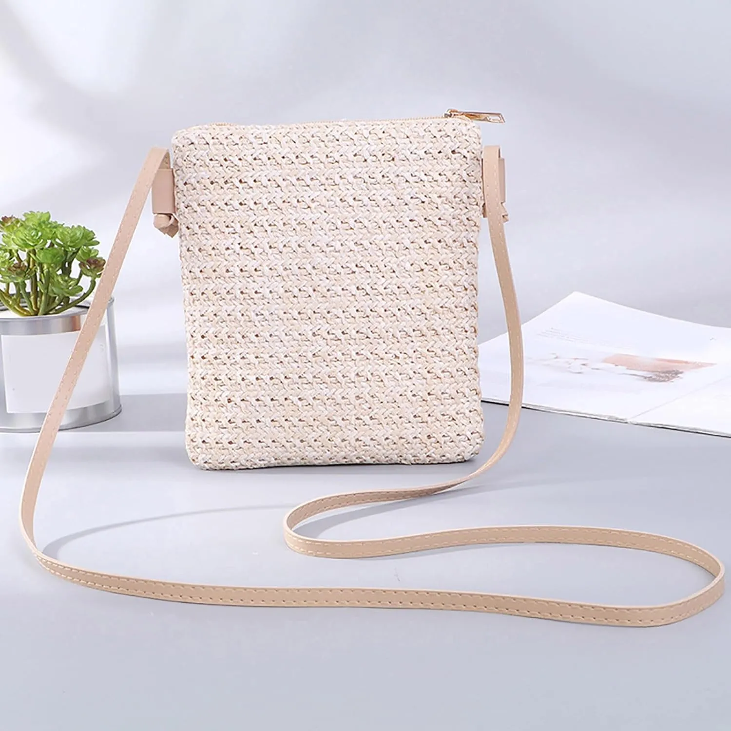 Leather Handbags Women Straw Shoulder Bags Hand Woven Crossbody Beach Small Bag