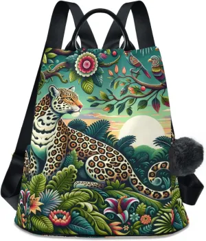 Leopard Lush Greenery Backpack for Women Anti Theft Large Fashion Travel Shoulder Bag Purse Rucksack Lightweight