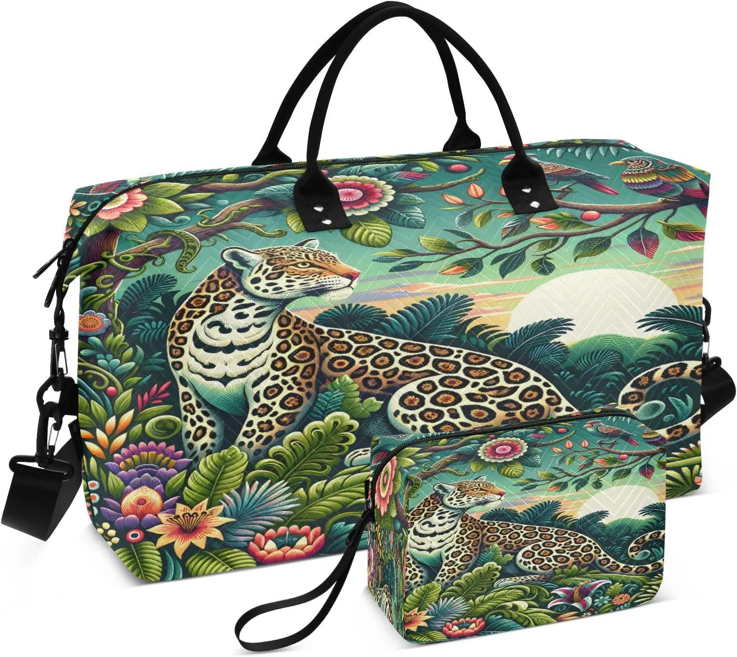 Leopard Travel Duffle Bag Gym Bag, Leopard Surrounded by Lush Greenery Weekender Bags for Women with Toiletry Bag Travel Tote Bag Swim Bag