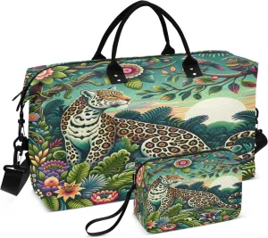 Leopard Travel Duffle Bag Gym Bag, Leopard Surrounded by Lush Greenery Weekender Bags for Women with Toiletry Bag Travel Tote Bag Swim Bag