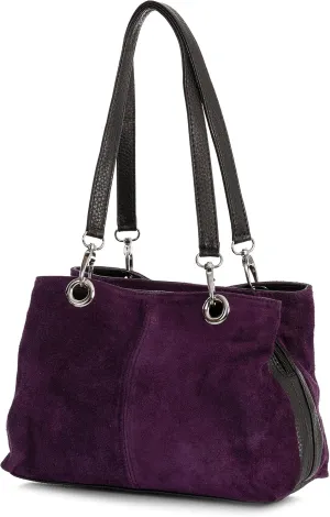 LiaTalia - Lush Italian Suede Womens Twin Handle Multi Zip Pockets Small Shoulder Bag - HOLLY (Purple)