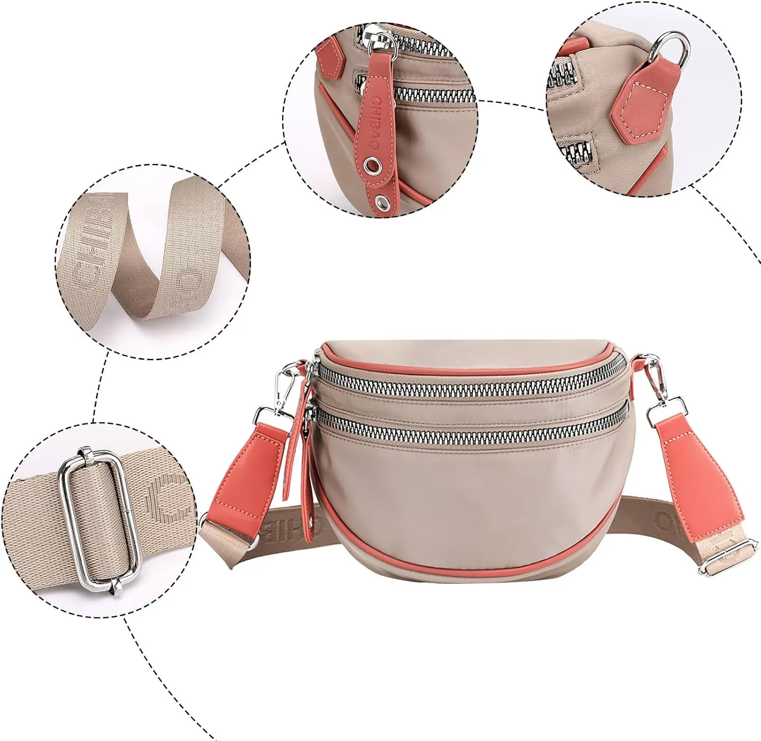 Lightweight Nylon Fabric Women's Bags Fashion Ladies Shoulder Crossbody Bags Casual Shopping Waist Bag (Khaki, One Size)