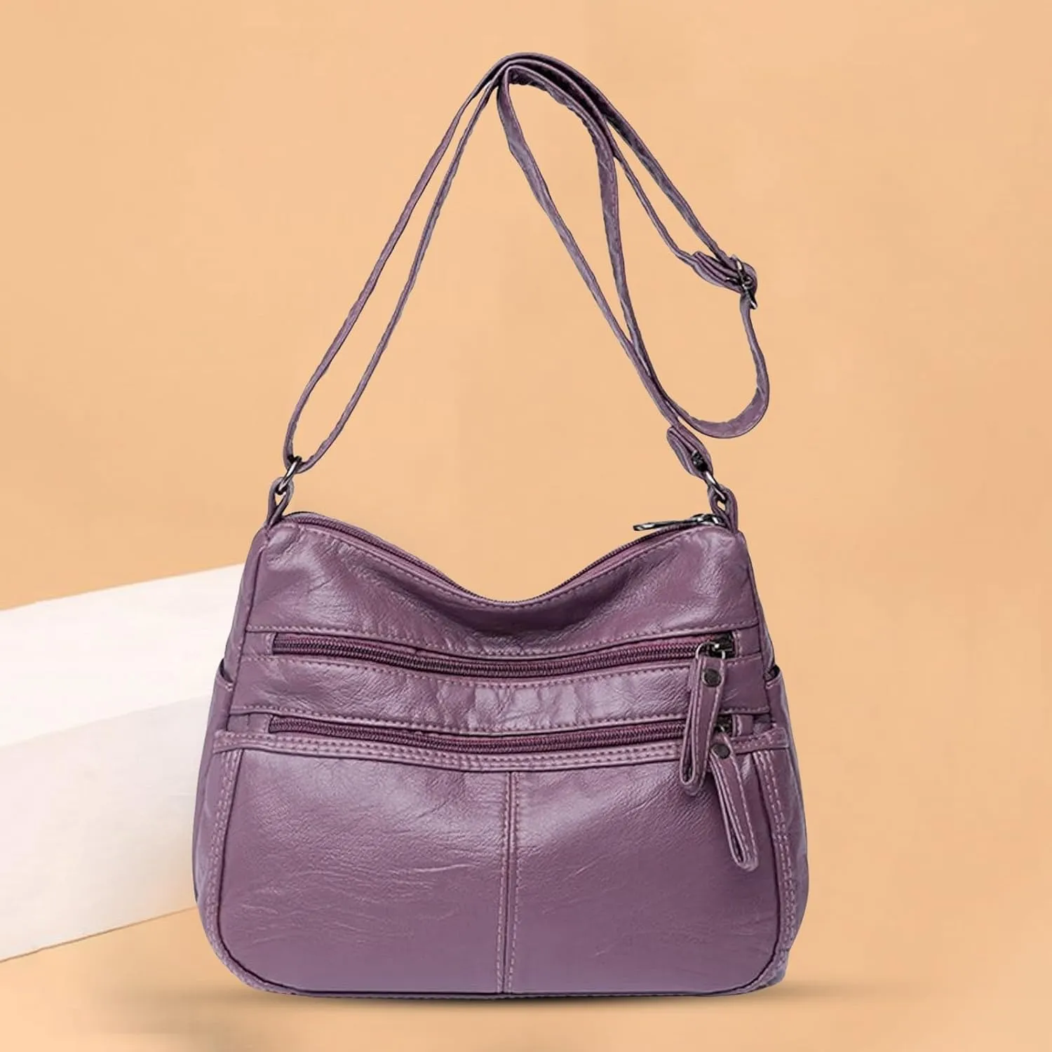 Lightweight Pocketbook Fashion Casual Women's Retro Soft Leather Zipper Double Pocket Shoulder Messenger Bag