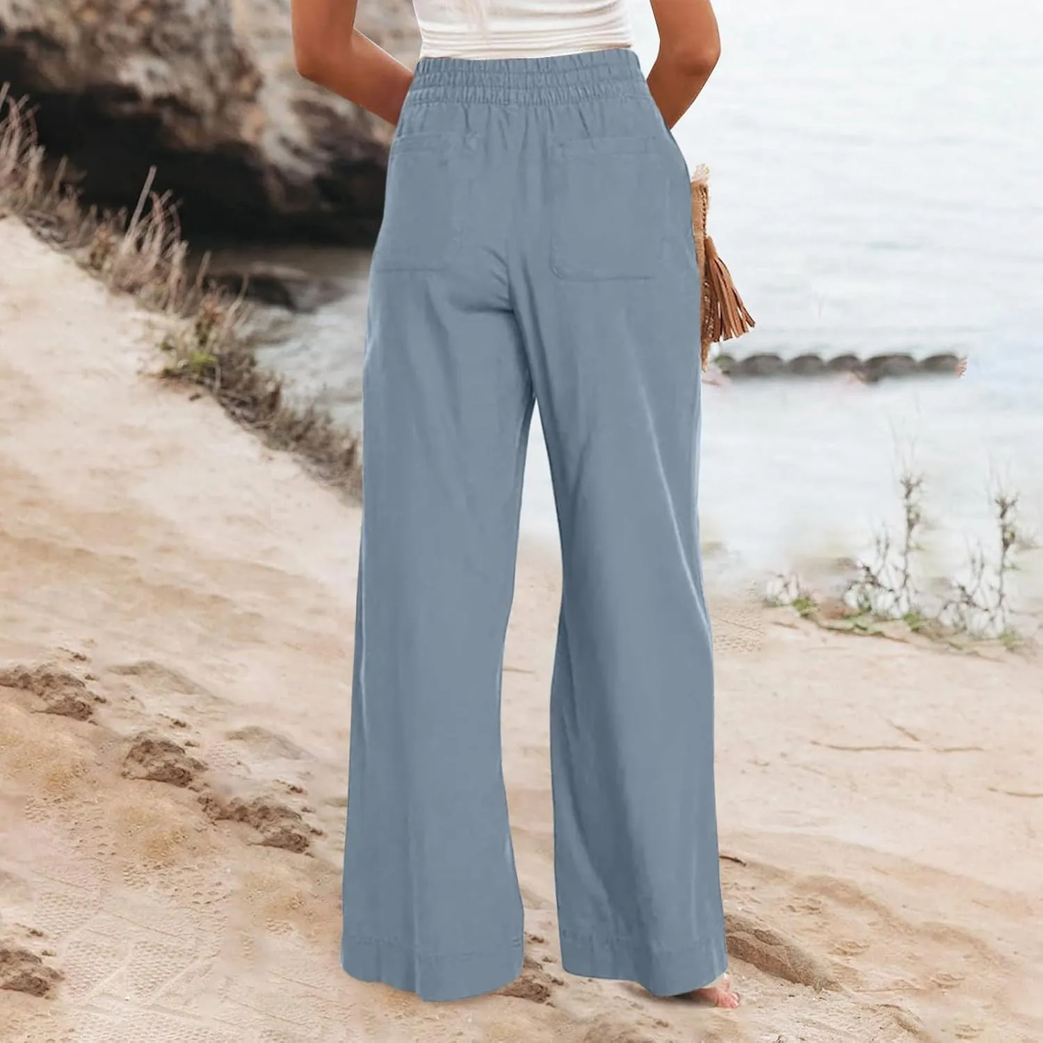 Long Palazzo Pants for Women Outfits 2025 Flowy Pants with Pockets High Waist Slim Lightweight Solid Straight Leg Sweatpants